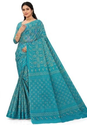 Women's Cotton saree | Printed::Floral Print::Geometric Print Self Border with Blouse saree for women | sari 6.25 mtr | Casual Saree Festival wear, Blue | Purple