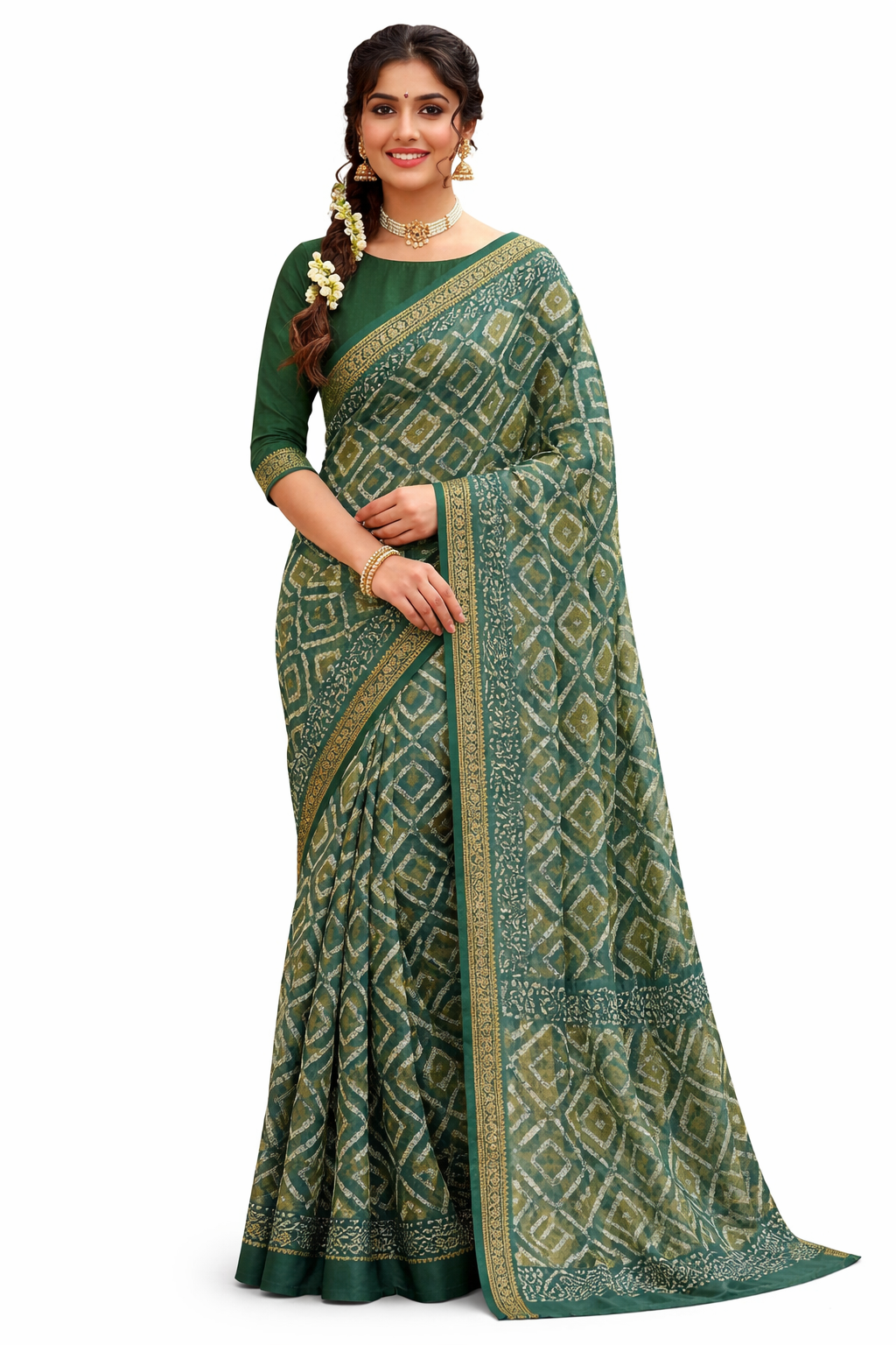 Women's Cotton saree | Printed::Geometric Print Blue Border without Blouse saree for women | sari 5.5 mtr | Geometric Theme Festival wear, Blue | Green | Light-Brown | Light-Purple - Image 2