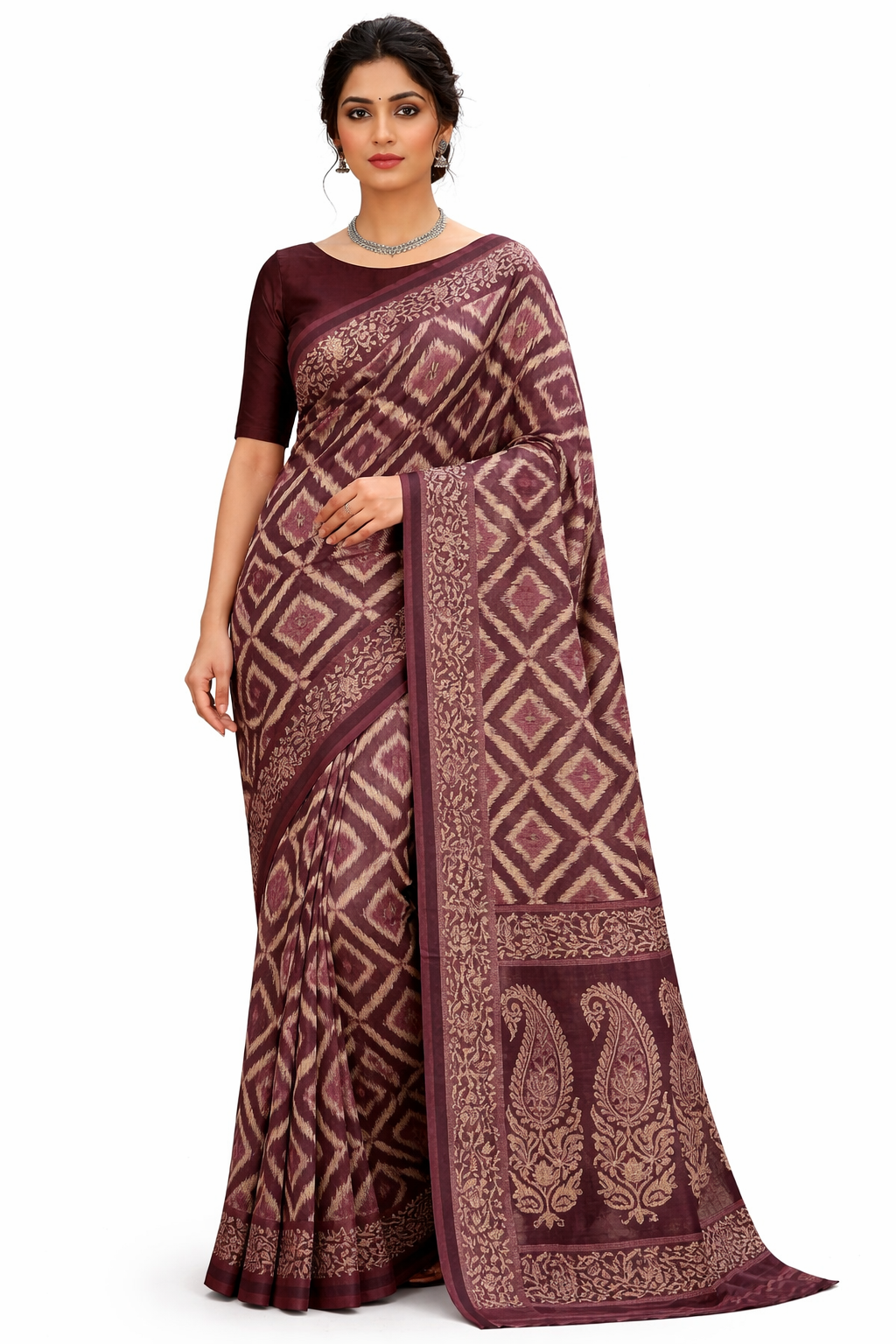 Women's Cotton saree | Printed::Geometric Print Blue Border without Blouse saree for women | sari 5.5 mtr | Geometric Theme Festival wear, Blue | Green | Light-Brown | Light-Purple - Image 4