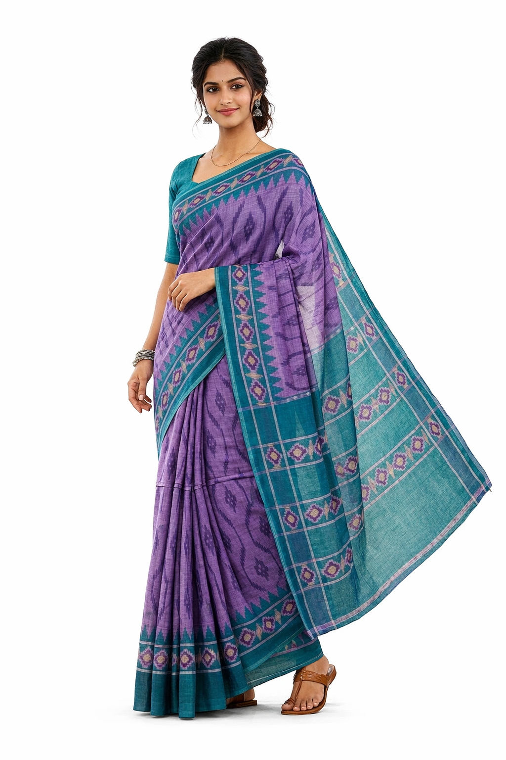 Women's Cotton saree | Printed::Geometric Print::Woven Maroon Border without Blouse saree for women | sari 5.5 mtr | Tribal Theme Festival wear, Dark-Blue | Leaf-Green | Purple | Dark-Pink - Image 3