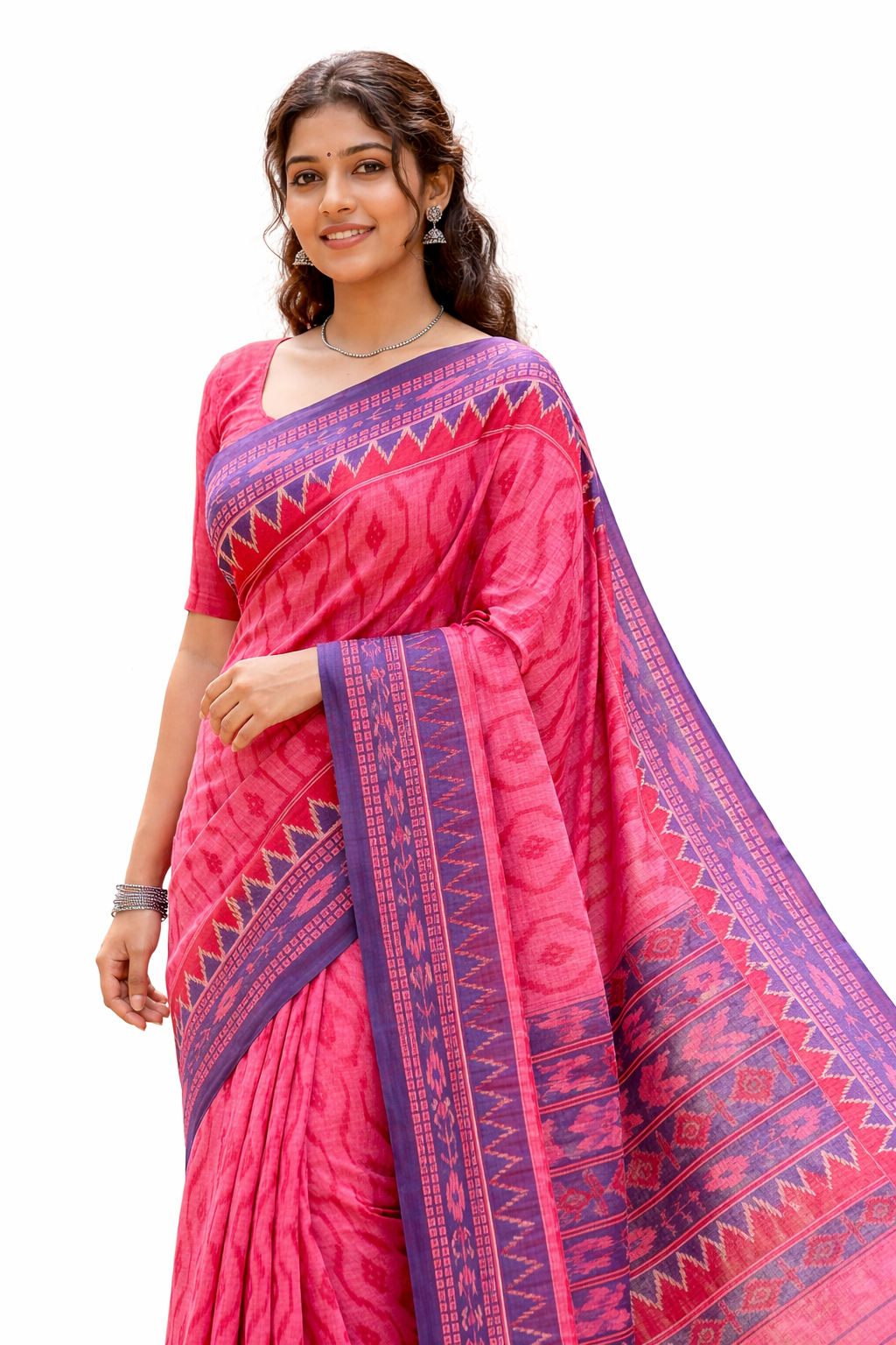 Women's Cotton saree | Printed::Geometric Print::Woven Maroon Border without Blouse saree for women | sari 5.5 mtr | Tribal Theme Festival wear, Dark-Blue | Leaf-Green | Purple | Dark-Pink - Image 4