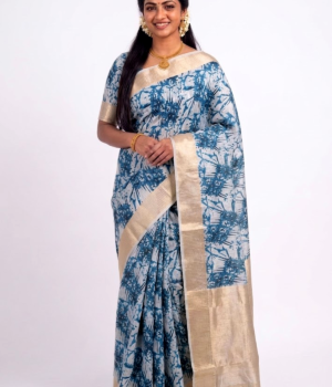 Women's Cotton saree | Printed::Geometric Print Cream Border with Blouse saree for women | sari 6.25 mtr | Floral Theme Festival wear, Blue-white | Purple-white