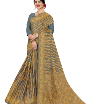 Women's Faux Silk saree | Woven::Striped::Self Design::Temple Border Gold Floral Border with Blouse saree for women | sari 6.25 mtr | Elegant Ethnic Festival wear, Gold-Blue | Green | Pink | Gold