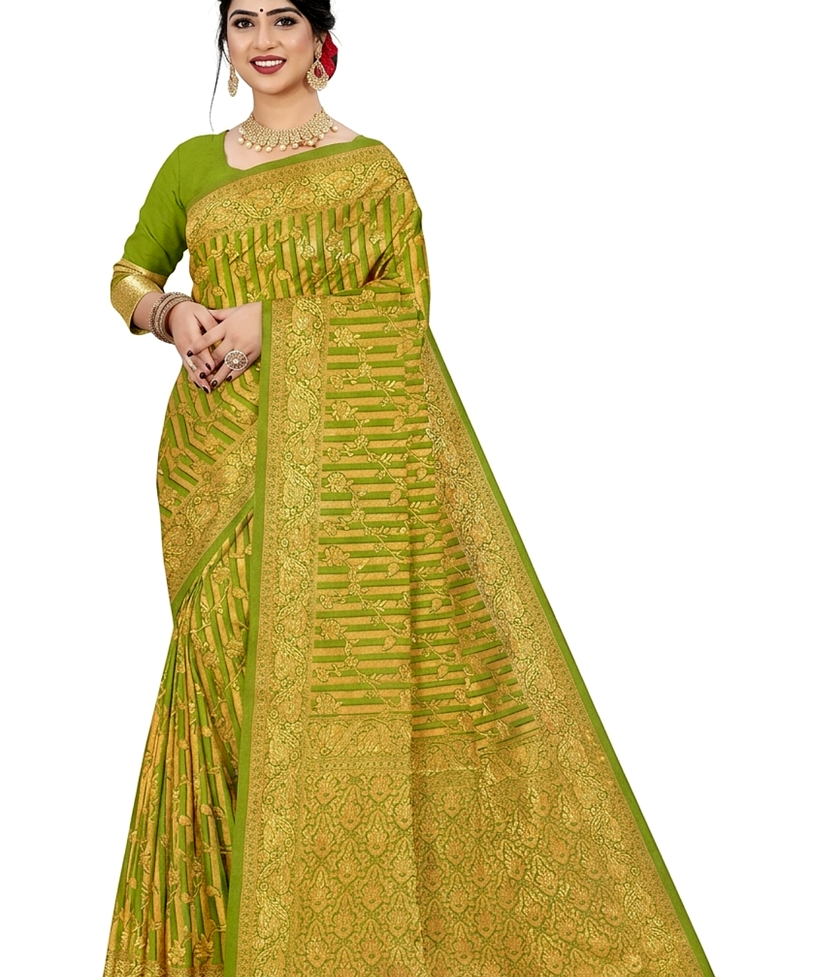 Women's Faux Silk saree | Woven::Striped::Self Design::Temple Border Gold Floral Border with Blouse saree for women | sari 6.25 mtr | Elegant Ethnic Festival wear, Gold-Blue | Green | Pink | Gold - Image 2