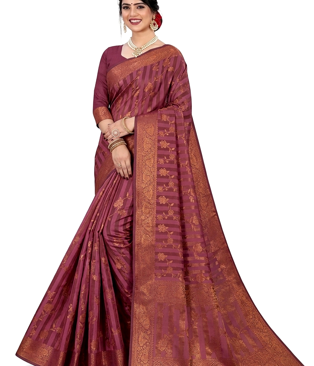 Women's Faux Silk saree | Woven::Striped::Self Design::Temple Border Gold Floral Border with Blouse saree for women | sari 6.25 mtr | Elegant Ethnic Festival wear, Gold-Blue | Green | Pink | Gold - Image 3