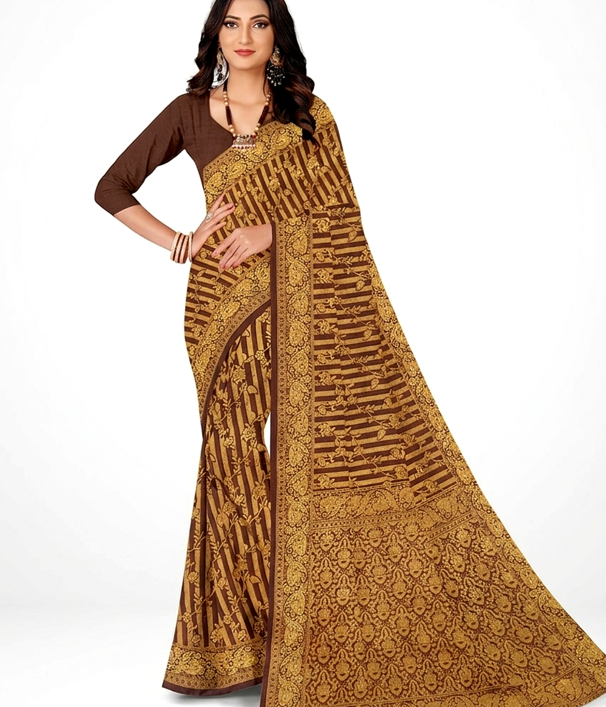 Women's Faux Silk saree | Woven::Striped::Self Design::Temple Border Gold Floral Border with Blouse saree for women | sari 6.25 mtr | Elegant Ethnic Festival wear, Gold-Blue | Green | Pink | Gold - Image 4
