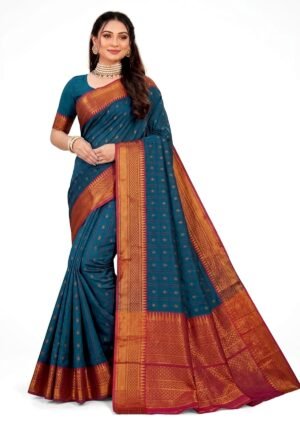 Women's Cotton Silk saree | Printed::Geometric Print::Woven Zari Border with Blouse saree for women | sari 6.25 mtr | South Indian Festival wear, Blue | Green | Purple | Dark-Blue | Maroon