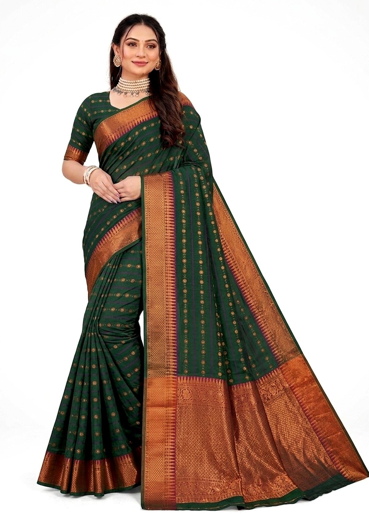 Women's Cotton Silk saree | Printed::Geometric Print::Woven Zari Border with Blouse saree for women | sari 6.25 mtr | South Indian Festival wear, Blue | Green | Purple | Dark-Blue | Maroon - Image 2