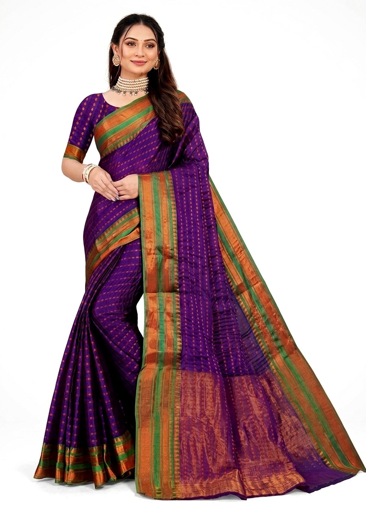 Women's Cotton Silk saree | Printed::Geometric Print::Woven Zari Border with Blouse saree for women | sari 6.25 mtr | South Indian Festival wear, Blue | Green | Purple | Dark-Blue | Maroon - Image 3