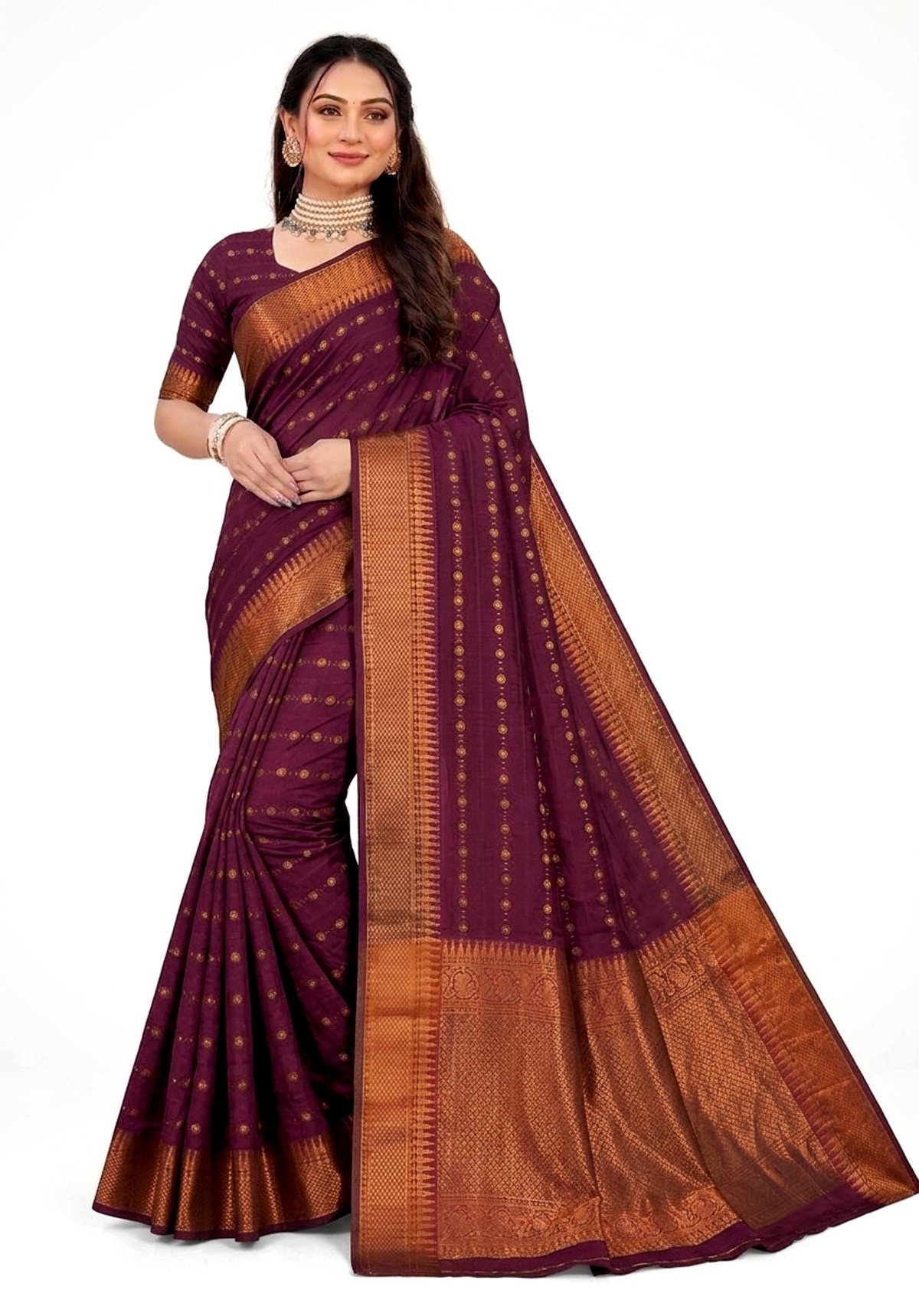 Women's Cotton Silk saree | Printed::Geometric Print::Woven Zari Border with Blouse saree for women | sari 6.25 mtr | South Indian Festival wear, Blue | Green | Purple | Dark-Blue | Maroon - Image 4