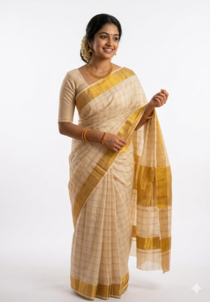 Women's Cotton Silk saree | Printed::Geometric Print::Woven Gold Kasavu Border with Blouse saree for women | sari 6.25 mtr | Checked Kerala Festival wear, Cream