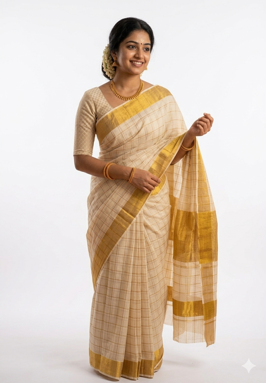 Women's Cotton Silk saree | Printed::Geometric Print::Woven Gold Kasavu Border with Blouse saree for women | sari 6.25 mtr | Checked Kerala Festival wear, Cream