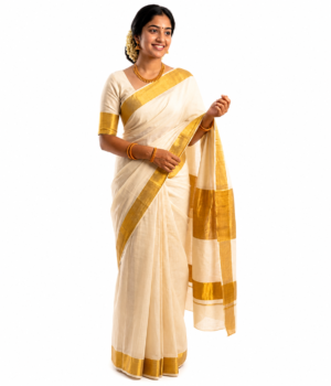 Women's Cotton saree | Printed::Geometric Print::Woven Gold Kasavu Border with Blouse saree for women | sari 6.25 mtr | Classic Kerala Festival wear, Cream