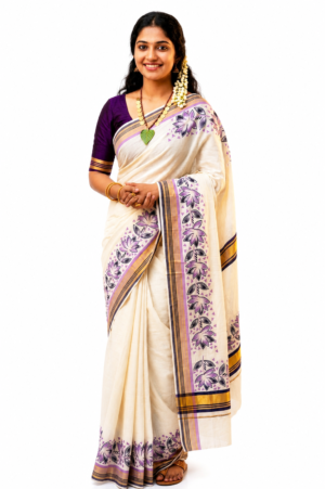 Women's Cotton saree | Floral Print::Printed Floral Border with Blouse saree for women | sari 6.25 mtr | Floral Ethnic Festival wear, Cream