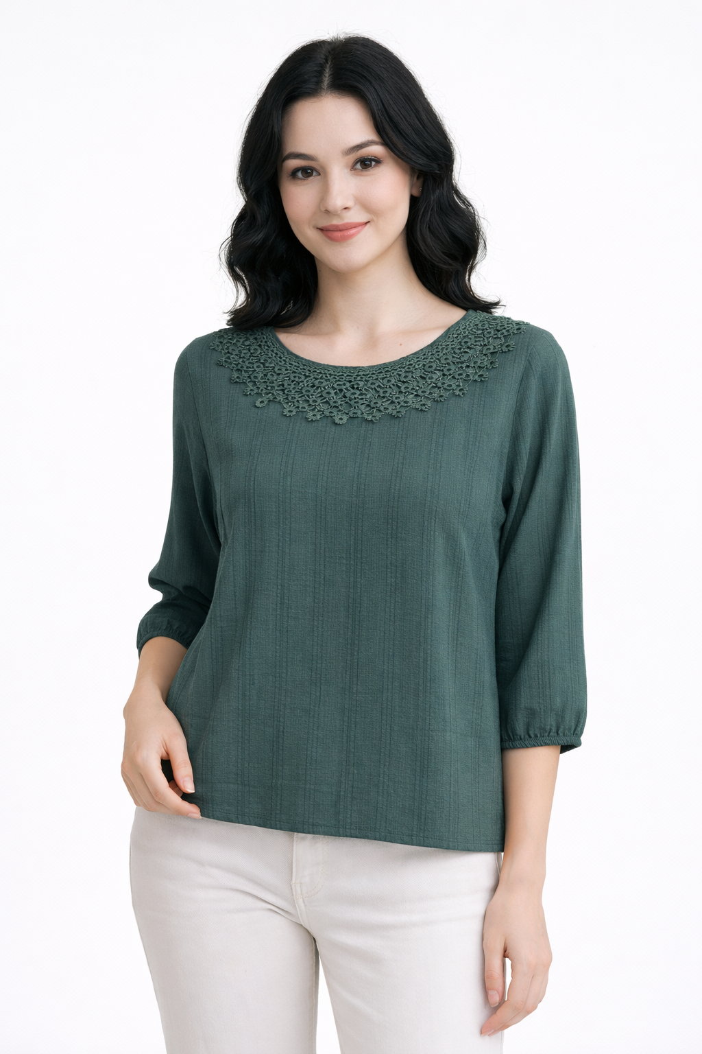 Girl's Cotton Solid Self Texture Top Short | Round Neck 1/2 sleeves Casual Top for women | Regular Length | Minimal Western Casual, Office wear | Gray2 | Green2 | Maroon | Teal-Blue | Dark-Gray - Image 2