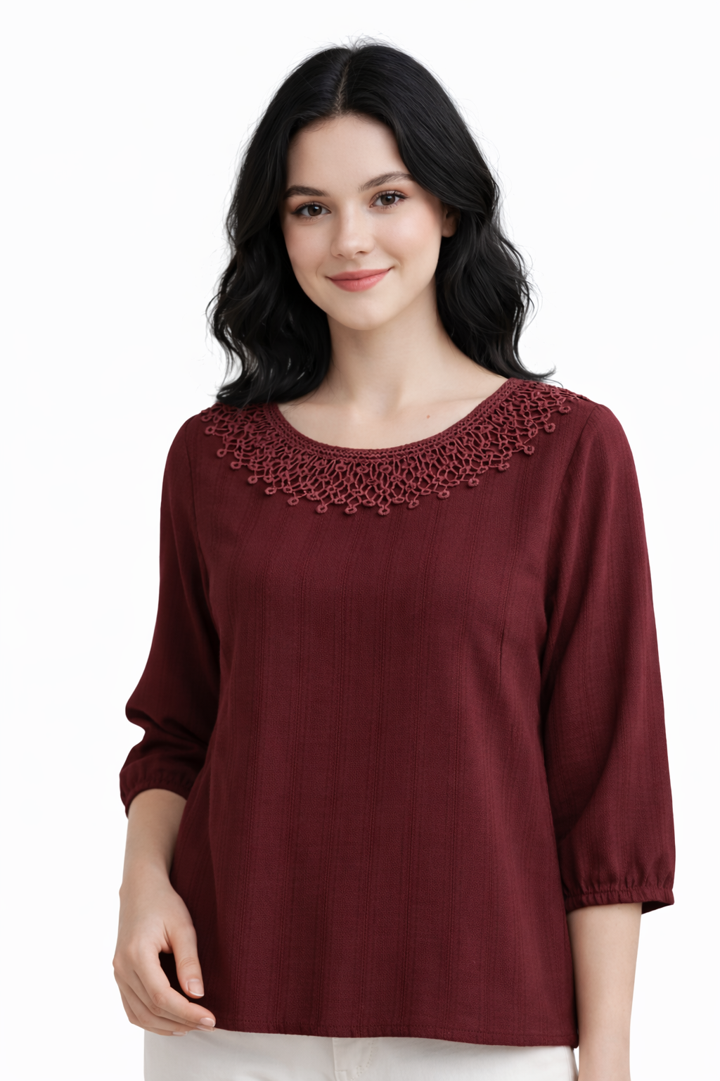 Girl's Cotton Solid Self Texture Top Short | Round Neck 1/2 sleeves Casual Top for women | Regular Length | Minimal Western Casual, Office wear | Gray2 | Green2 | Maroon | Teal-Blue | Dark-Gray - Image 3