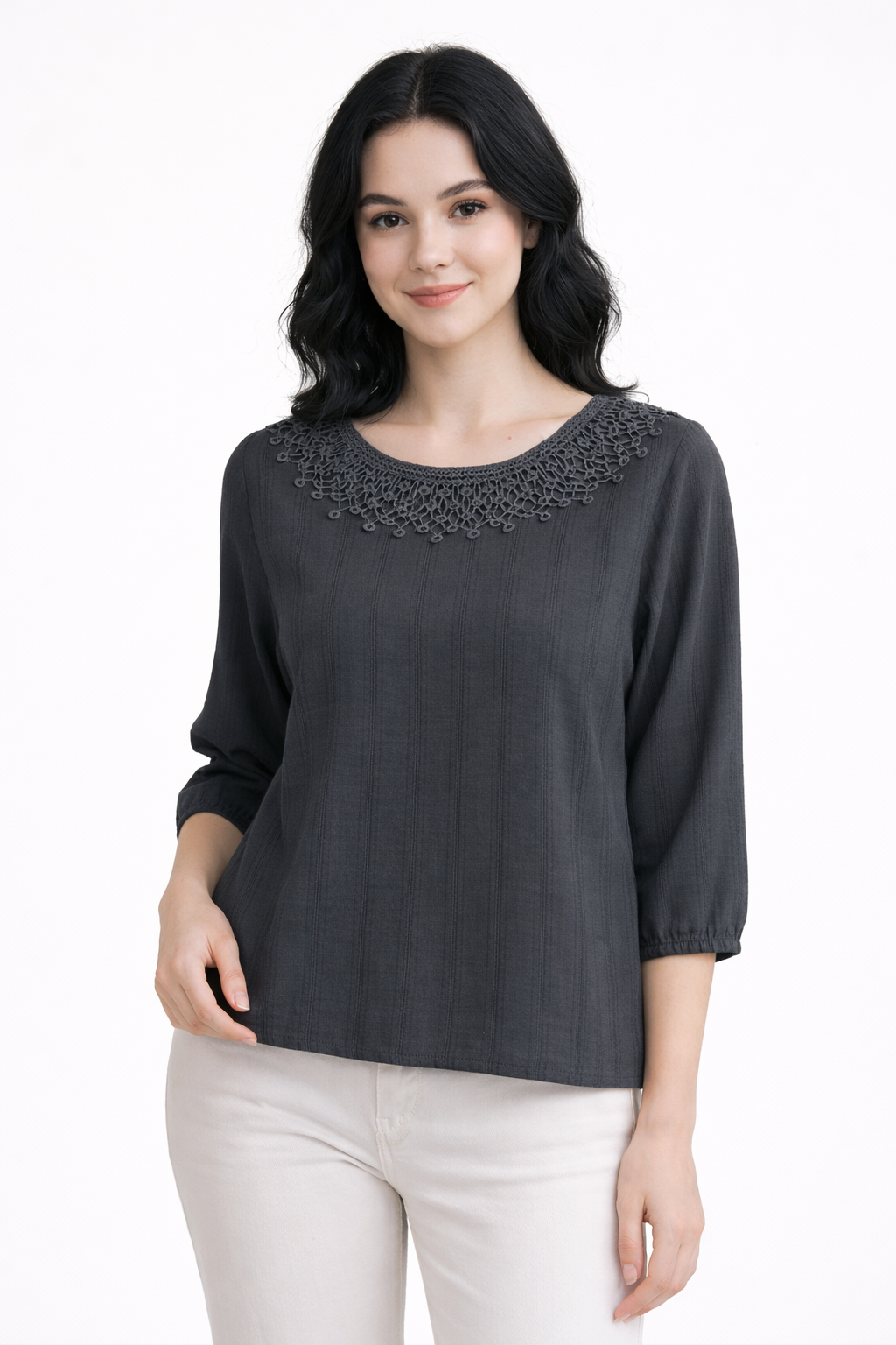 Girl's Cotton Solid Self Texture Top Short | Round Neck 1/2 sleeves Casual Top for women | Regular Length | Minimal Western Casual, Office wear | Gray2 | Green2 | Maroon | Teal-Blue | Dark-Gray - Image 5